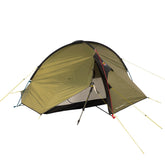 Green camping tent with black accents on a white background