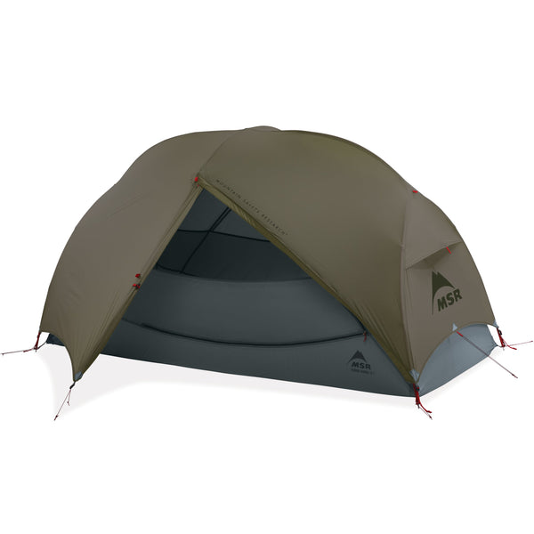 MSR Hubba Hubba LT 1 tent hire in dark green – ultralight 1 person backpacking tent with flysheet door open
