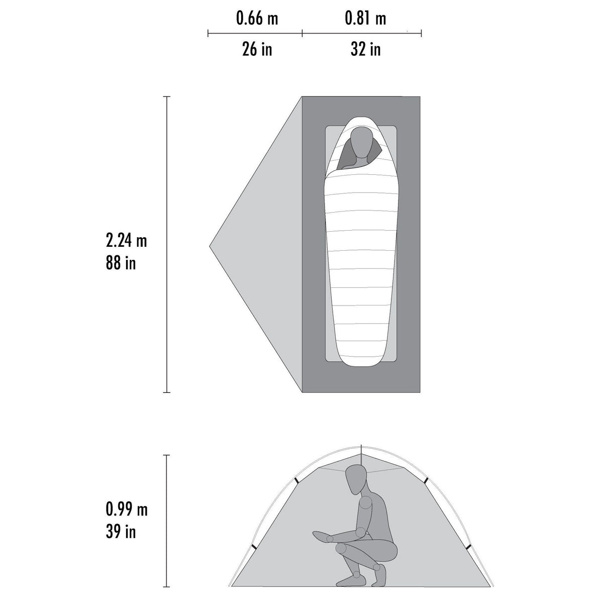 MSR Hubba Hubba LT 1 tent dimensions – 224cm x 81cm floor, 99cm peak height