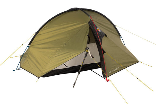 Green camping tent with black accents on a white background
